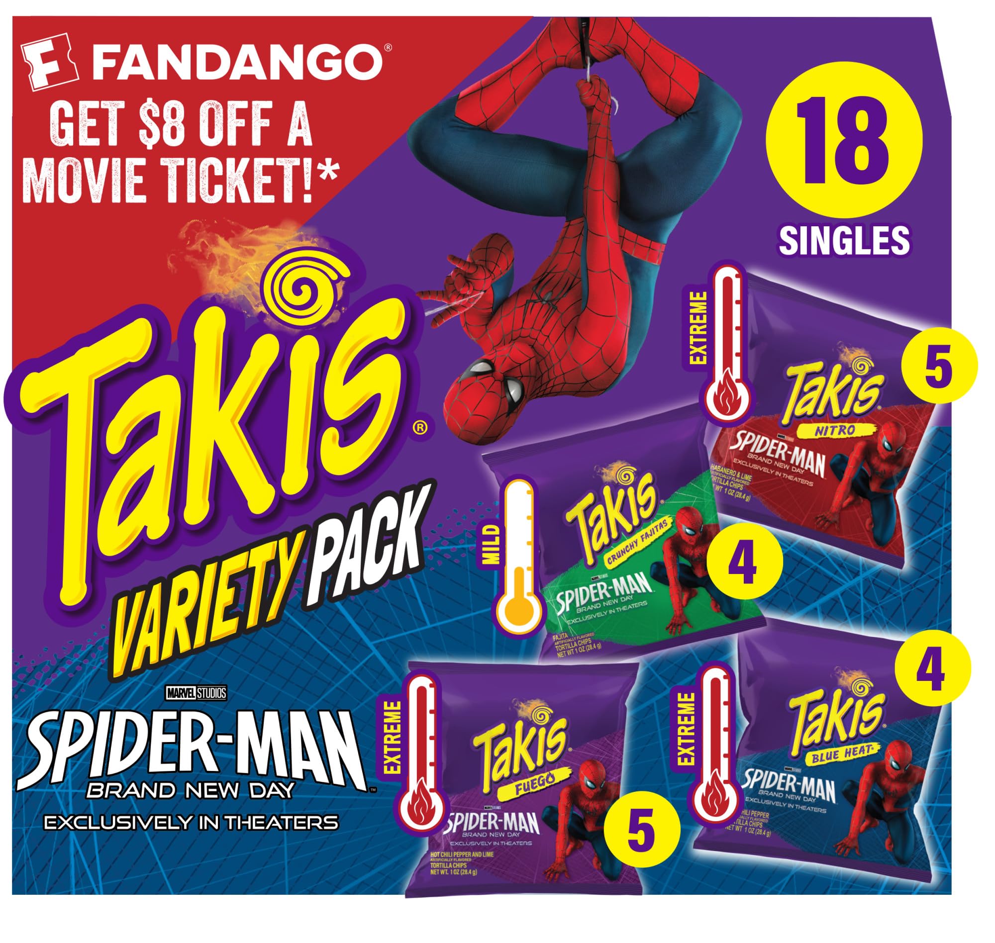 Takis Paquete variado de 18 unidades/1 onza, chips de tortilla enrollados mixtos de sabores surtidos, (5) Fuego 1 onza, (5) Blue Heat 28.3 g, (4) Nitro 28.3 g, (4) fajitas crujientes de 28.3 g