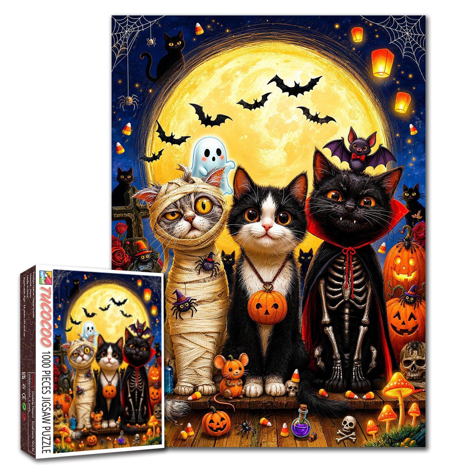 Halloween Jigsaw Puzzles 1000 Pieces for Adults, Families(cats,full moon, jack-o'-lanterns) Pieces Fit Together Perfectly 19.7''x27.6''inch Frameable Freedom Puzzle Art