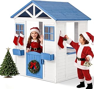 KizzParnrr Wooden Kids Playhouse with Play Kitchen, Half Door Windows, Flowerpot Holders, Toys PlaySet for Backyard Play (Bule with White)