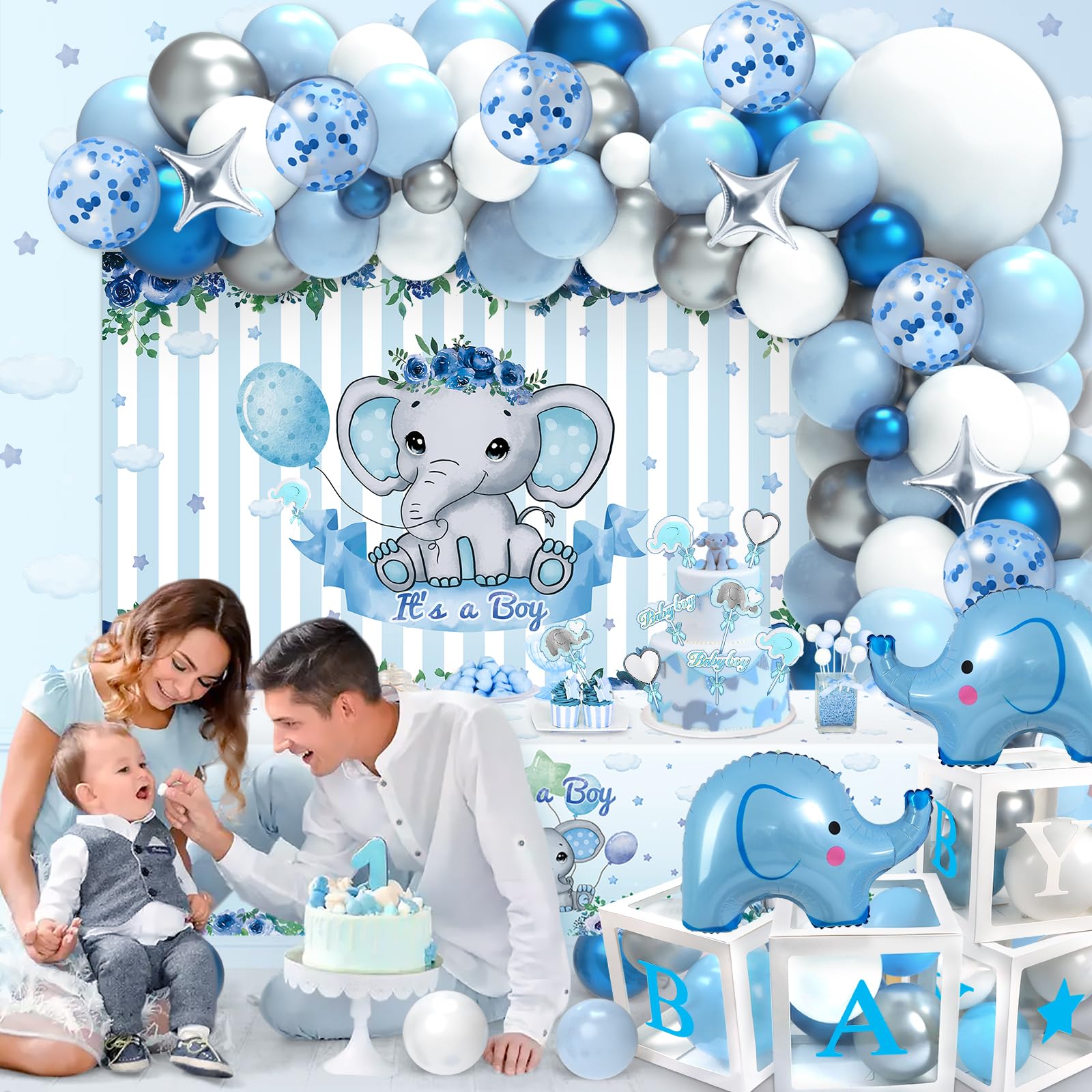 Elephant Baby Shower Blue Decorations For Boy, Baby Boy Shower Supplies, It's  A Boy Centros De Mesa Para Baby Shower Boy, image size:1600x1600