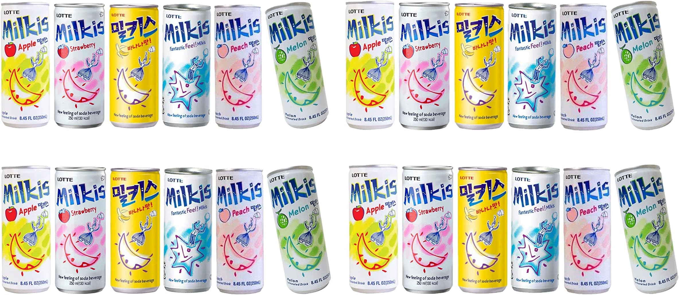 Lotte Milkis 6 Flavors Combo (Original, Apple, Melon, Peach, Banana, & Strawberry) (6 x 4 cans, 8.45 FL Oz(Pack of 24))
