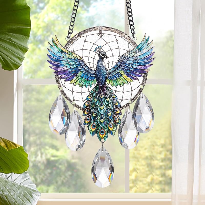 Enfeite Pega-Sol de Vidro com Pavão Rngmsi para Janela, Jardim e Varanda – 19,81 cm