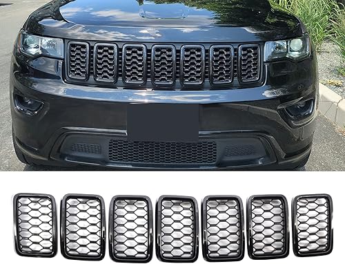Juego de 7 piezas de anillos de malla frontal de nido de abeja negro brillante compatibles con Jeep Grand Cherokee 2017 2018 2019 2020 2021