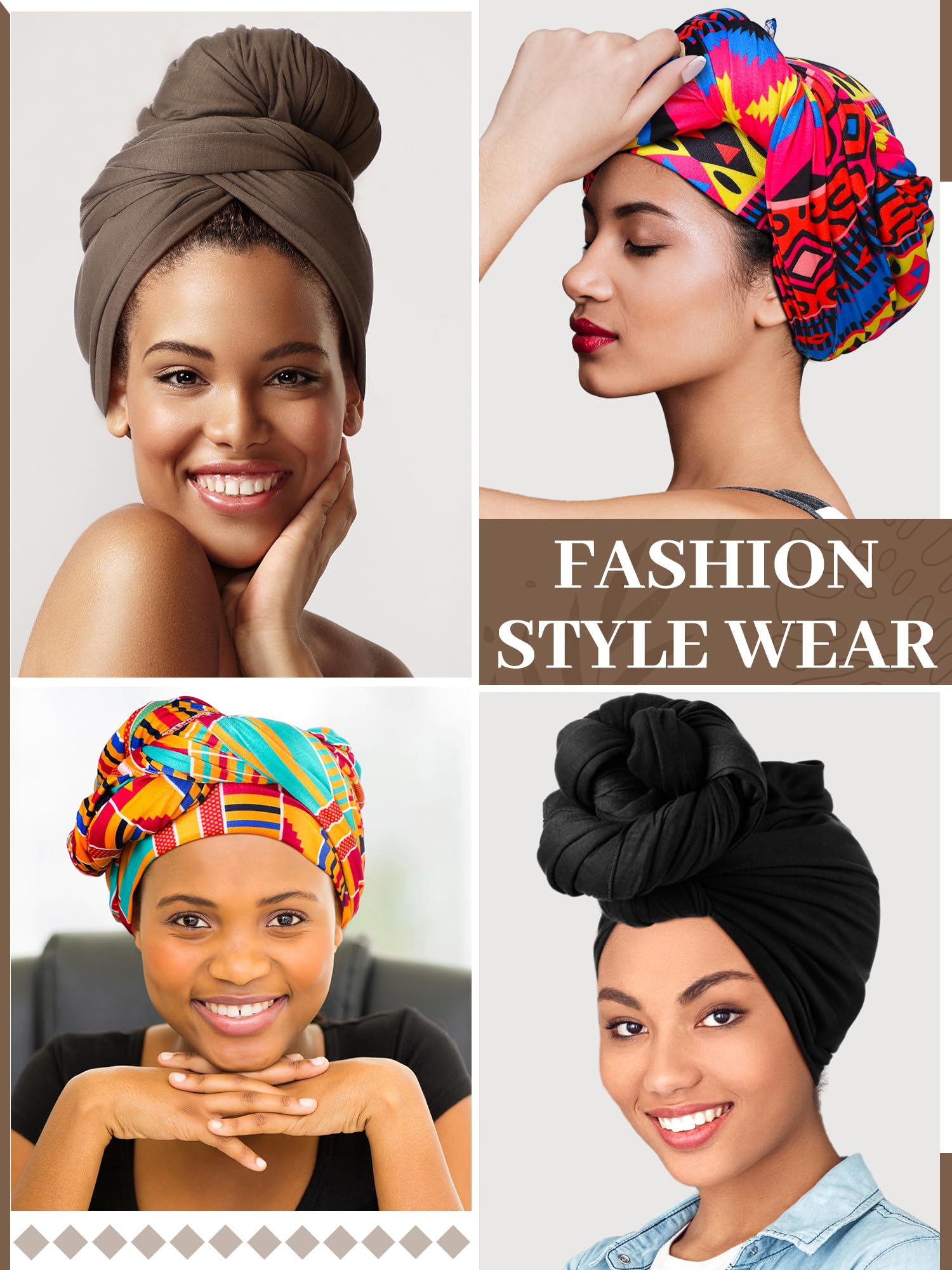 Afrikanischer Schal für Damen, Kopfbandagen für schwarze Frauen, Stretch-Turbane, Jersey, Hijab, Schal, Haarband, leicht, 4 Stück, Einfarbig, gedruckte Farbe, about 35 x 70 inches/ 90 x 180