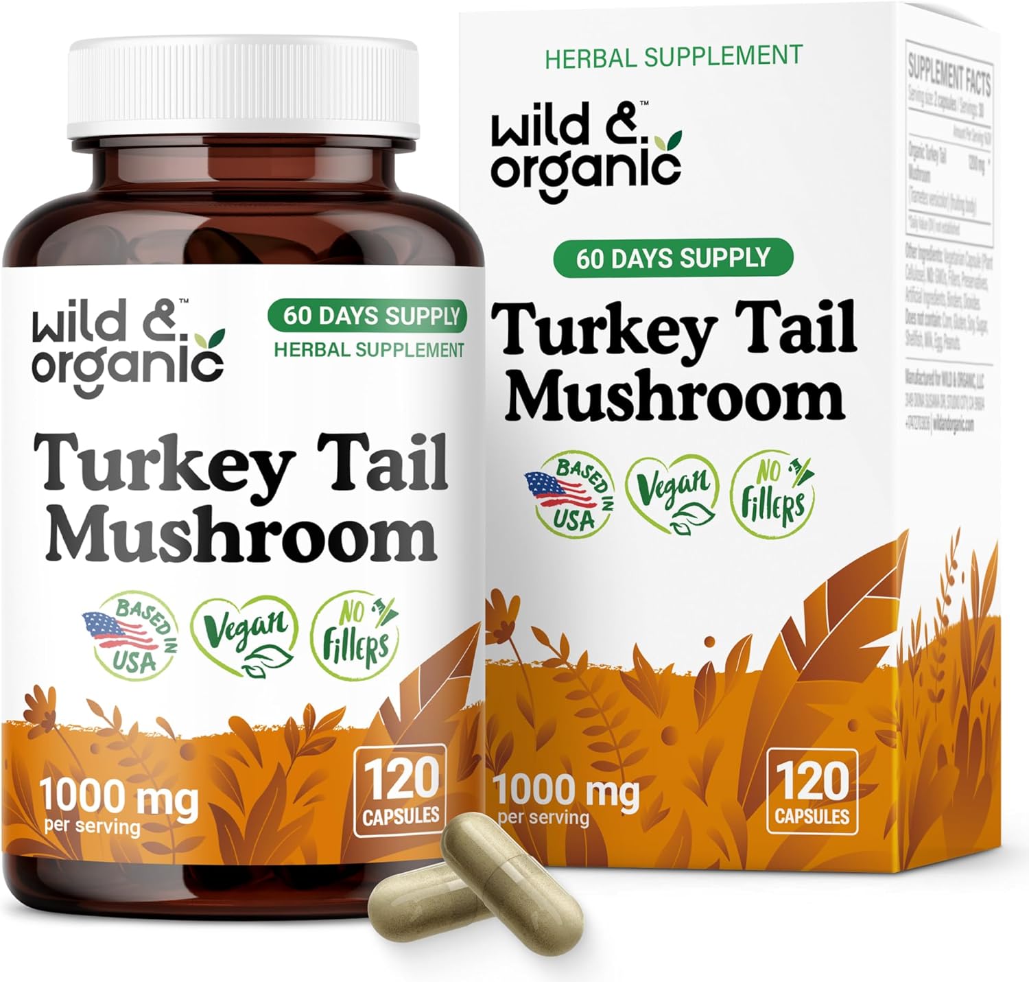 Wild & Organic Turkey Tail Mushroom Capsules 1000 mg - Immune Support - Turkey Tail Mushroom Extract Supplement - Coriolus Versicolor Mycelium Powder - Vegan, No Fillers, Non-GMO - 120 Count