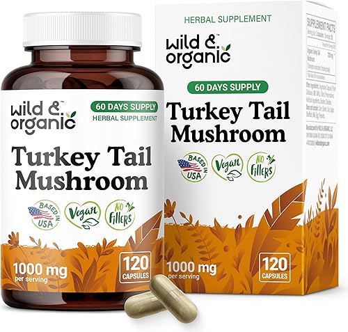 Miniatura 8 de Wild & Organic Cápsulas de hongos de cola de pavo de 1000 mg - Apoyo inmunológico - Suplemento en polvo de hongo cola de pavo - Extracto de micelio