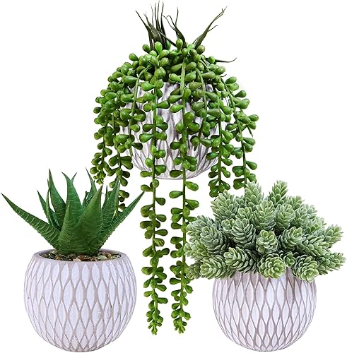Miniatura 1 de Winlyn 3 piezas pequeñas de imitación plantas artificiales de aloe lúpulo de lúpulo, plantas suculentas en macetas geométricas de hormigón gris para