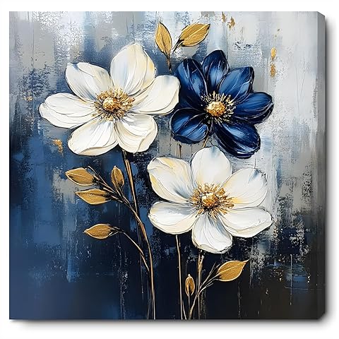 FOEIX Bathroom Wall Art Pictures Wall Décor Flowers Canvas Framed Abstract Artwork White Blue Floral Rustic Painting for Bedroom Living Room Kitchen Dinging Room Office (13.5x13.5 inches)