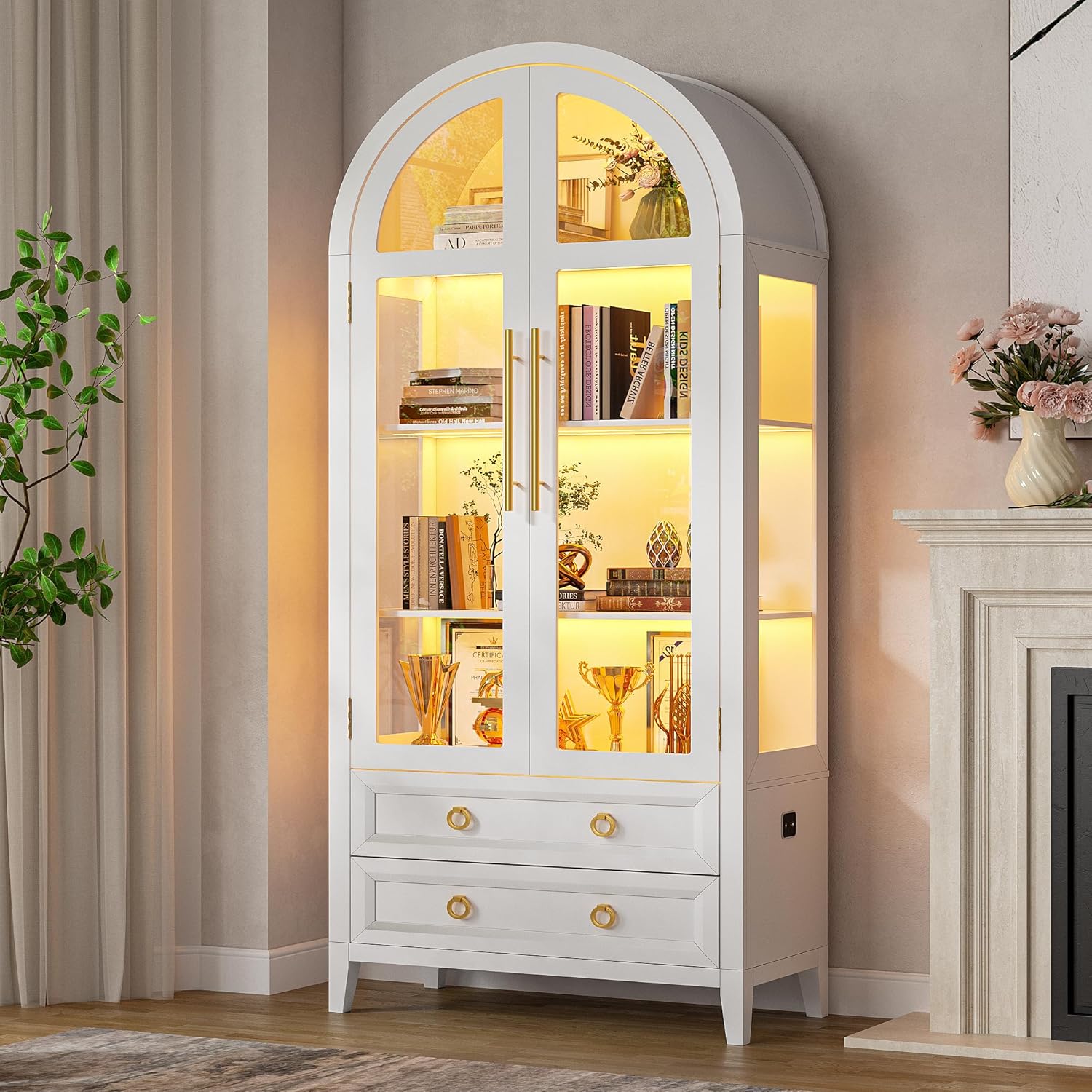 Arched Curio Cabinet with Glass Doors, 4-Tier Display Cabinet with 2 Drawers, Tall Bookcase with 3 Color Lights, Display Case, Kitchen Pantry (White)