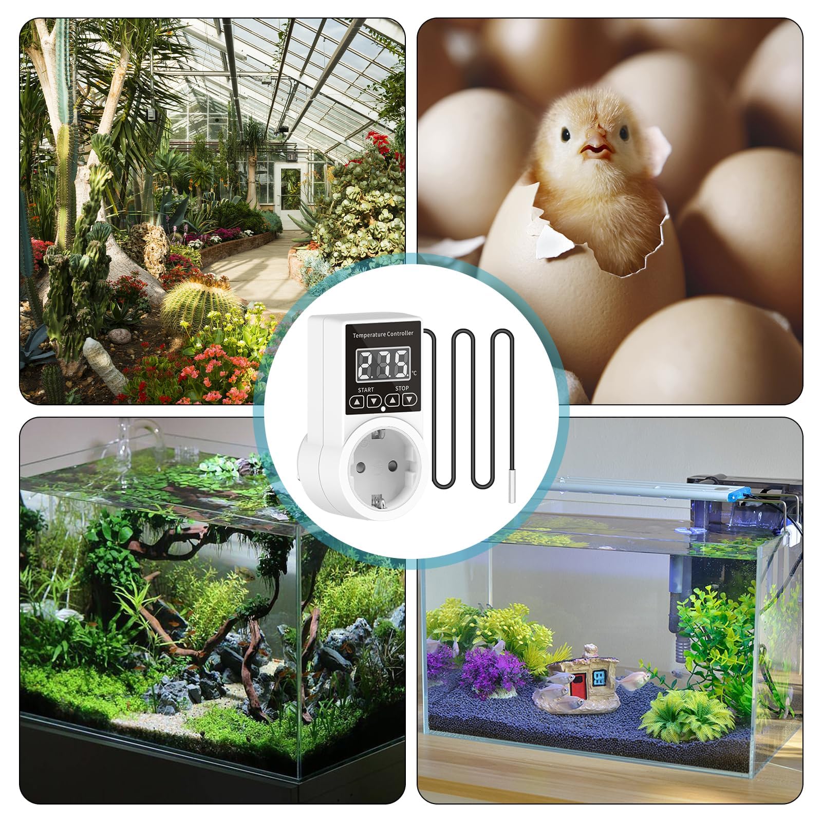 GOMETY 2 prese termostatiche, regolatore di temperatura digitale 230 V, termostato di raffreddamento con sonda LCD, termostato digitale per serra, acquario, terrario, rettili