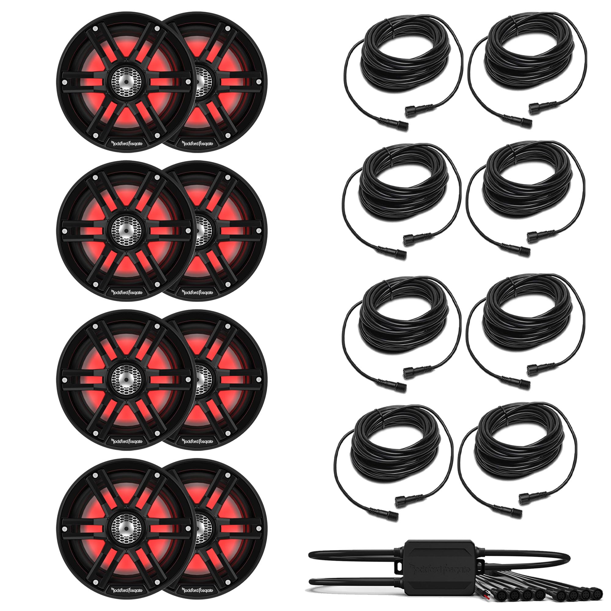 Rockford Fosgate 4 Pairs M2-65B M2 Series 6.5" Marine Black & Stainless Grilles Included + (1) PMX-RGB Optix Light Controller + (8) RGB-25 25' Extension Cable