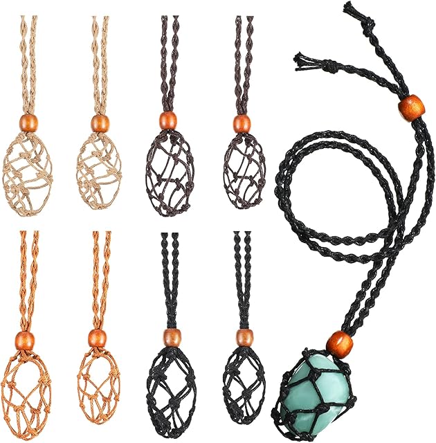 8 Pieces Crystal Necklace Holder Cord Empty Stone Holder 2 Sizes Adjustable Crystal Holder Jewelry Making Woven Necklace Crystal Cage Holder Rope Pendant for DIY Jewelry Making, 4 Colors