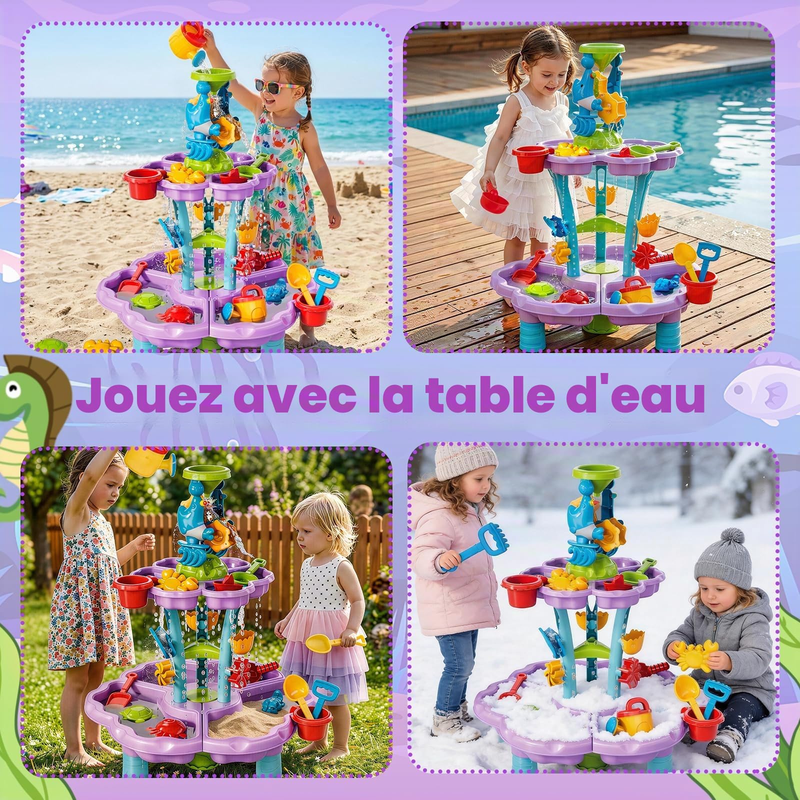 deAO Table à Eau de Sable 3 en 1 pour Enfants, Plage Jeu Sable Eau - Double Niveau avec 13 Accessoires, Table d‘Activités Sensorielle de Plage pour Garçons et Filles de 3 4 5 6 Ans (Violet)