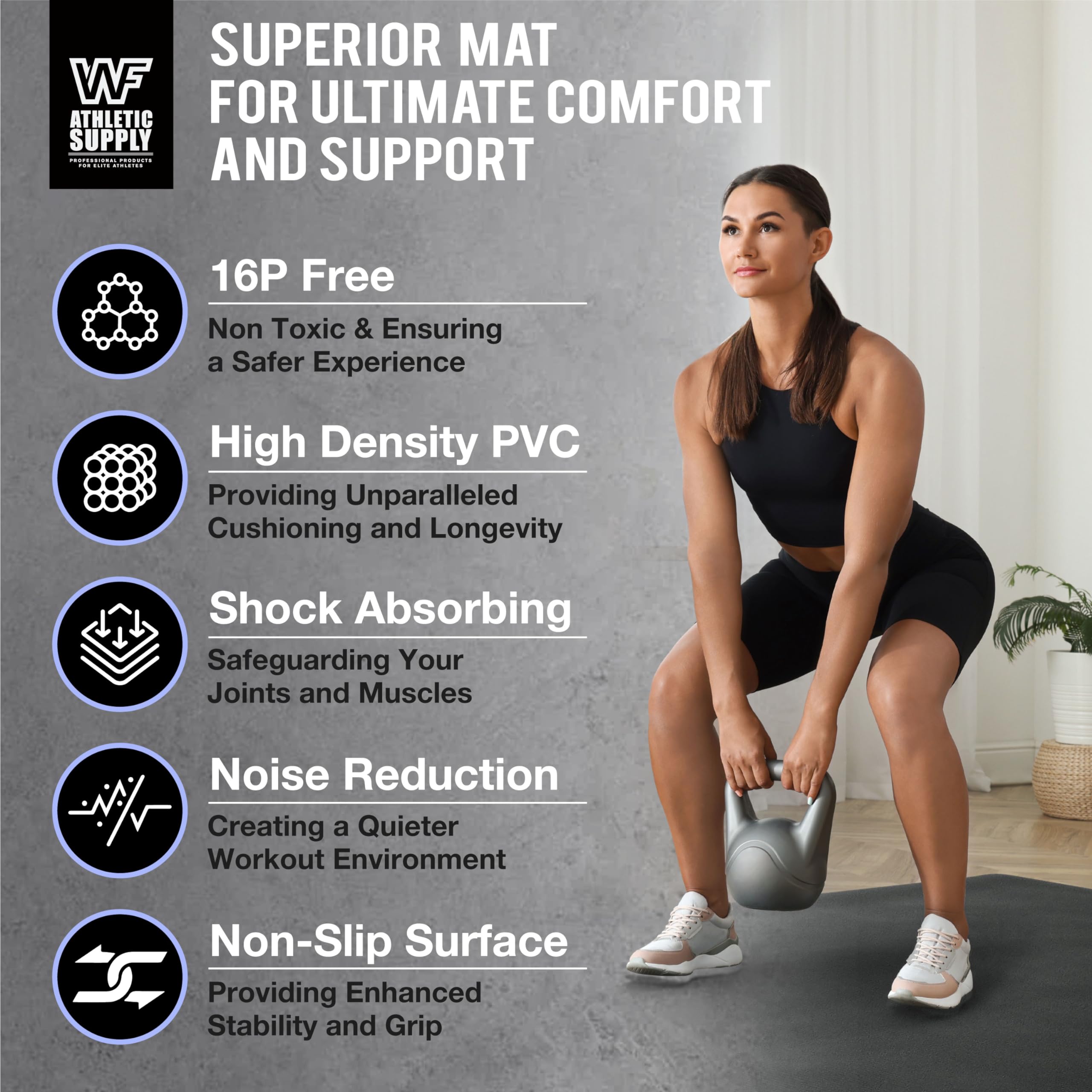 WF Athletic Supply Premium Large Exercise Floor Mats, 7 MM Workout Mats for Home Gym Thick, Heavy-Duty Floor Mat for Gym, Cardio, Weightlifting, Exercise Equipment, Shoe-Friendly