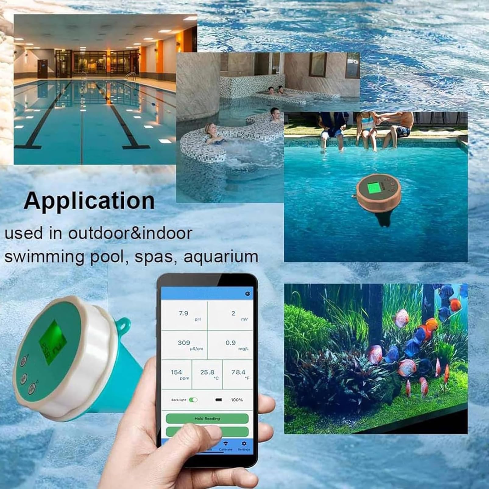 Medidor De Agua para Piscinas, 6 En 1 con Bluetooth Y Conexión a La App. Medición Profesional De PH/Cloro/ORP/CE/TDS/Temperatura para Jacuzzis Y Spas.