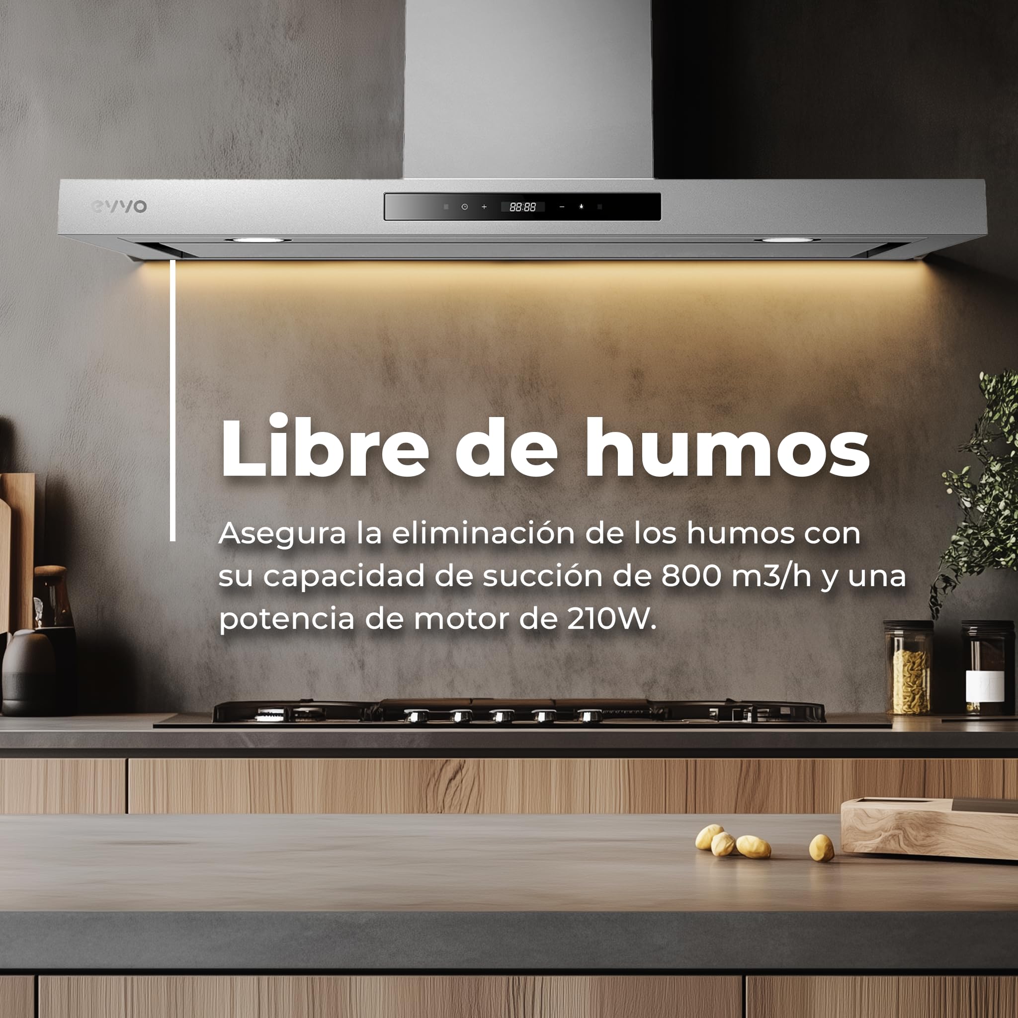EVVO Campana Extractora 90 cm Decorativa, Potencia 800 m³/h, Control Táctil y Gestual, Filtro de Aluminio y Carbón Activo, Eficiencia Energética A++ — view 2