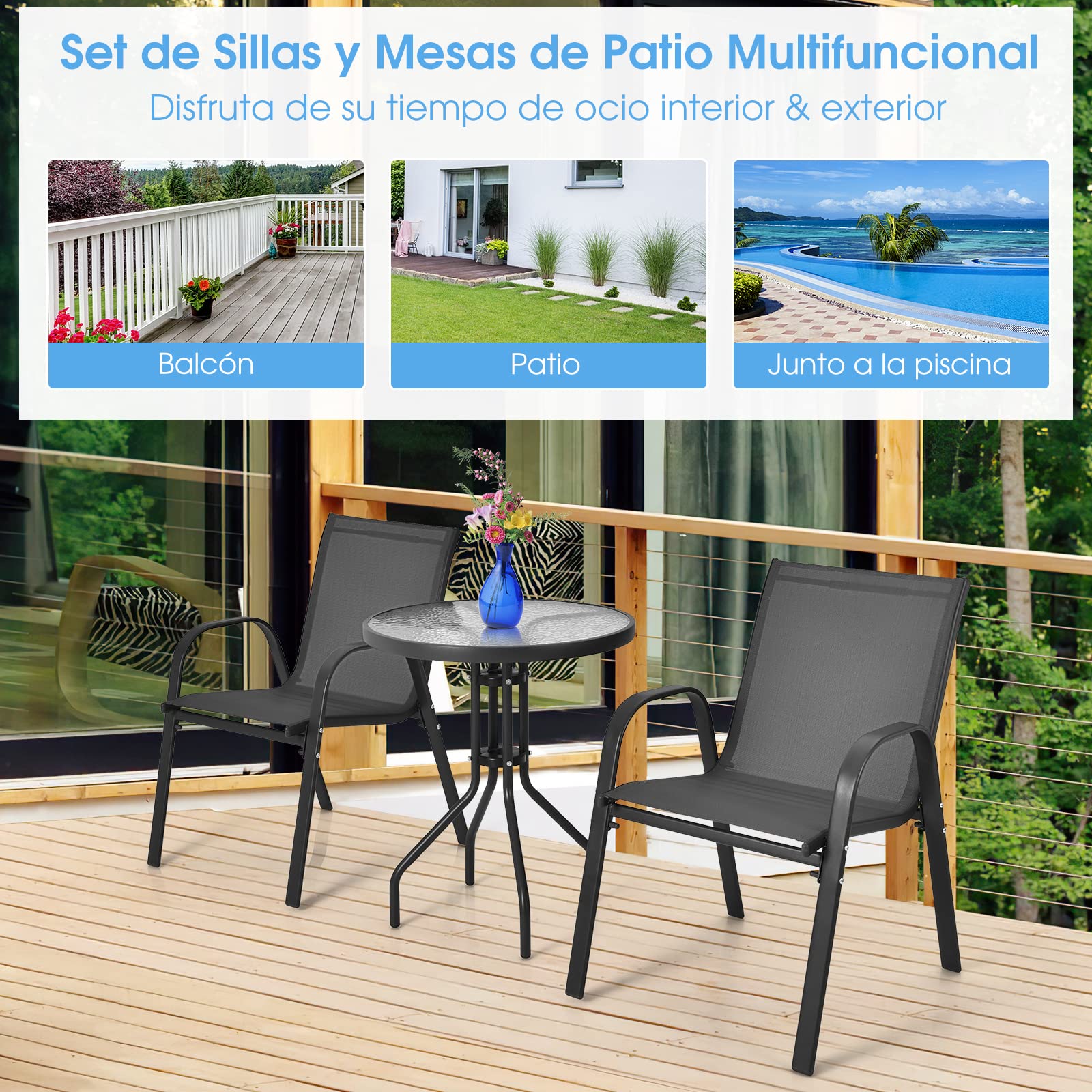 COSTWAY Juego de Muebles Bistró de 3 Piezas, 2 Sillas Textilene y 1 Mesa de Cristal Templado, Set de Conversación para Patio con Tela Transpirable Jardín, Balcón, Terraza, Patio (Negro)