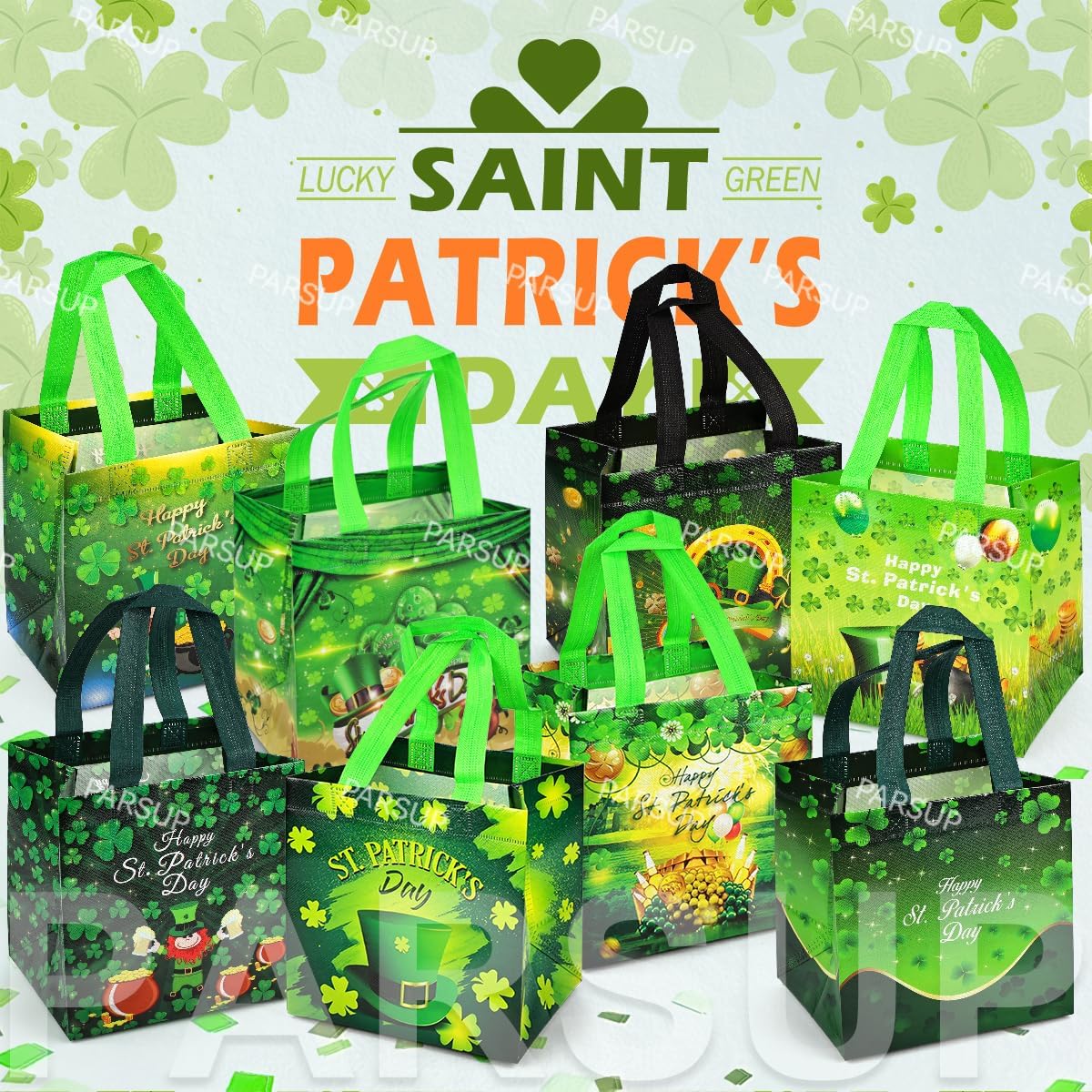 PARSUP 8PCS St Patricks Day Reusable Gift Bags, Irish Treat Bags with Handles, Saint Patrick's Day Party Bags, Multifunctional Non-Woven Bags for Gifts Wrapping, Irish Party Supplies, 7.9"×7.9"×5.9" - Image 7