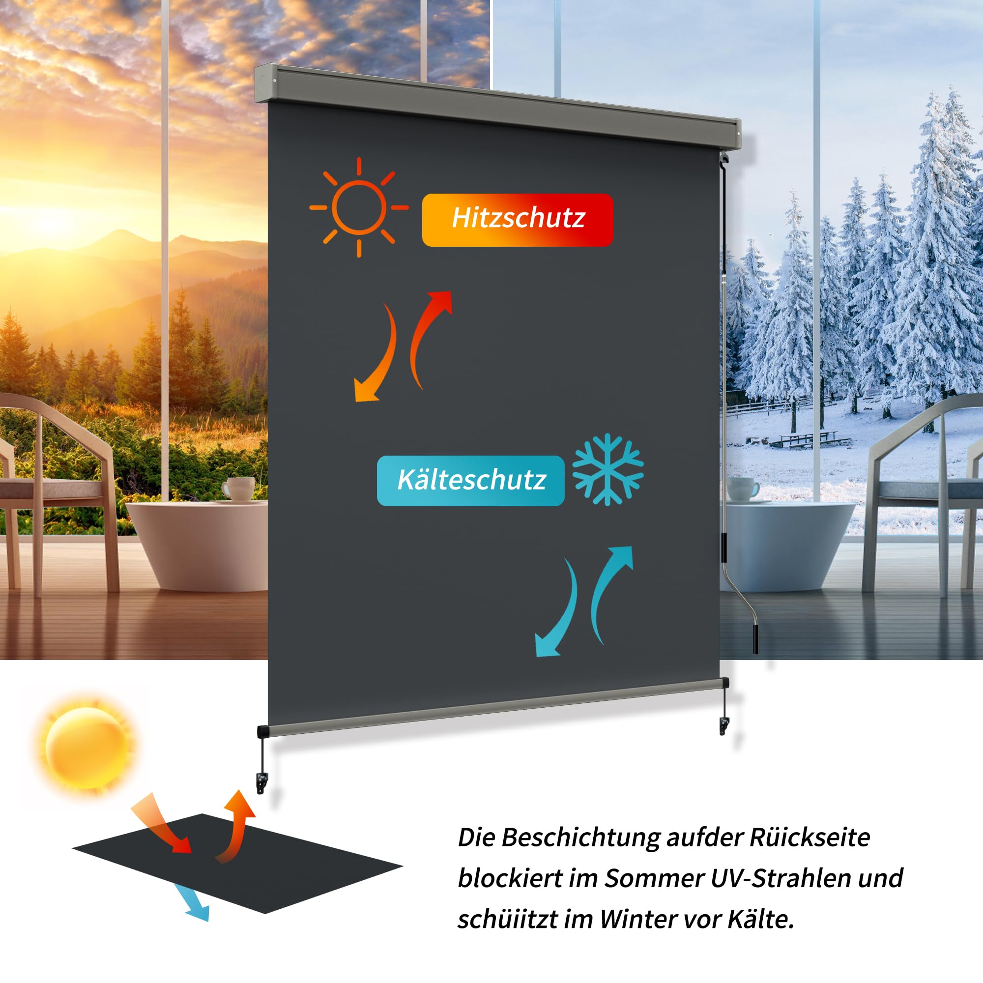 HOMEDEMO Senkrechtmarkise 160x250cm, Außenrollo mit Einstellbare Handkurbel & Alu-Kassette, Balkonrollo Markise, Sicht-und Sonnenschutz, UPF 50+, Wasserfest, Balkon, Terrasse, inkl.Abdeckung Anthrazit