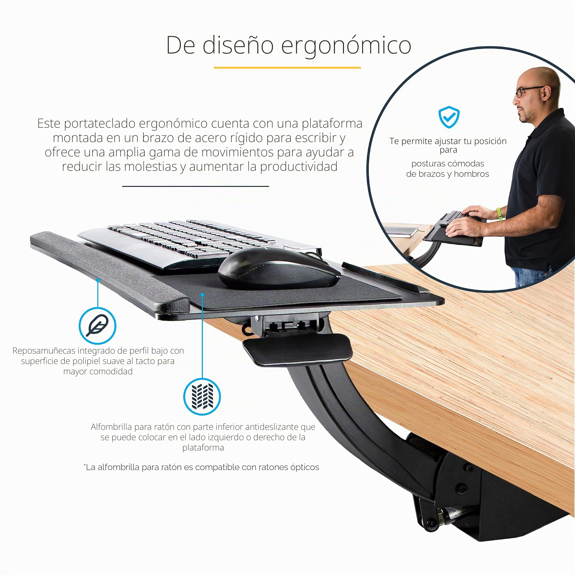 StarTech.com Bandeja para Teclado y Ratón para Debajo del Escritorio, 30cm x 78cm, Altura Ajustable, Soporte Ergonómico para Teclado y Mouse, Soporte para las Muñecas, Giro e Inclinación (KBTRAYADJ2) | Bandeja de teclado y mouse ajustable en altura y movi
