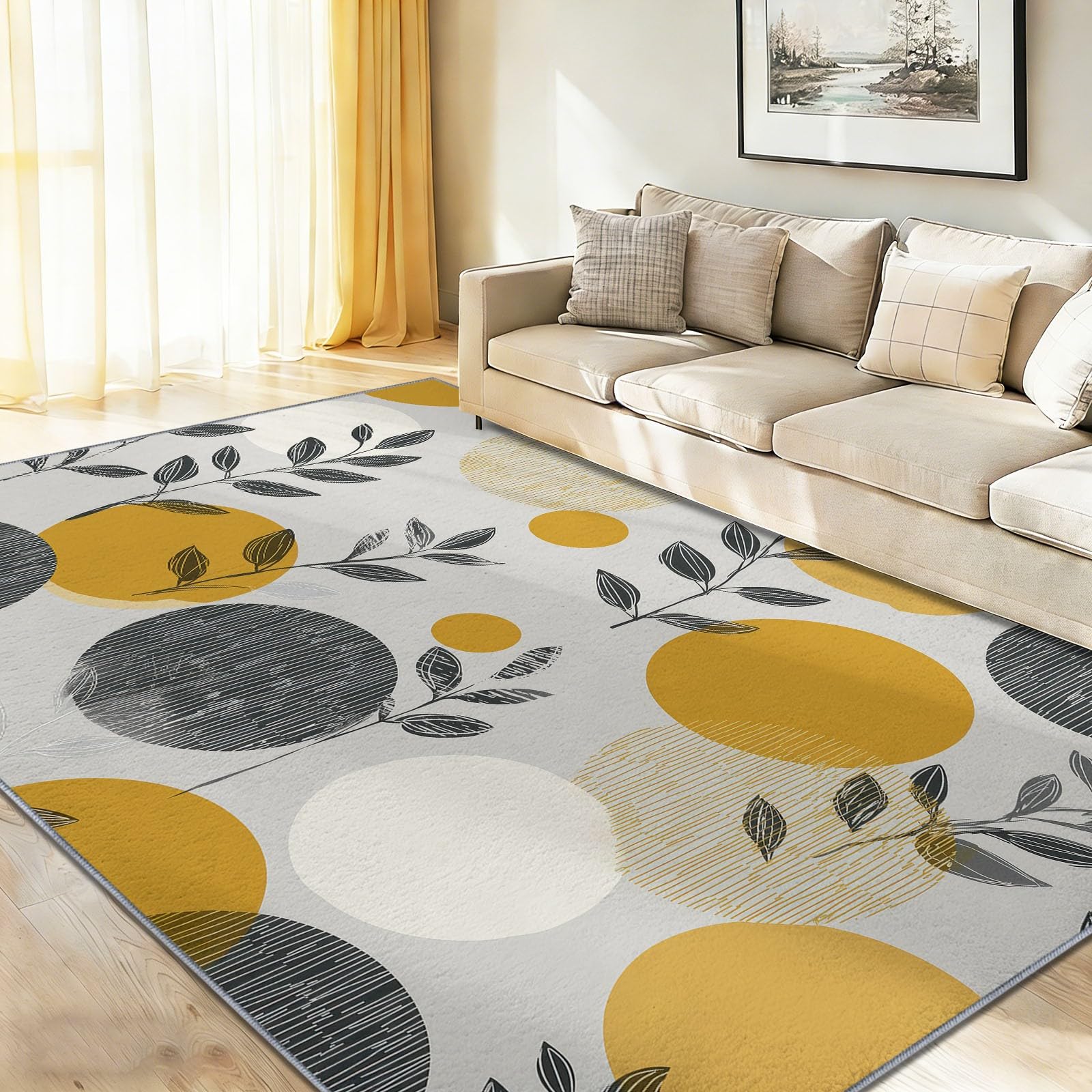 Modern Nordisch Teppich 60 x 120 cm rutschfest Waschbar Teppich, Kreise Blätter Weich Kurzflor Teppiche für Wohnzimmer Büro Mehrfarbig