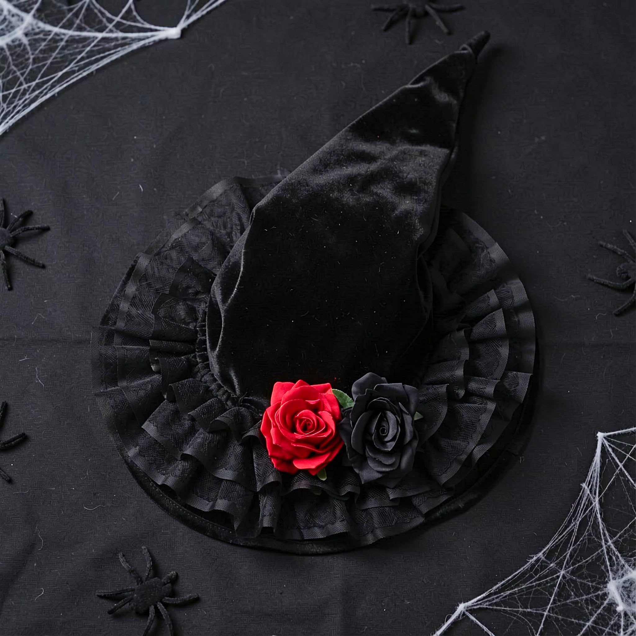 INOOMP Cappello da Strega con Rosa e Bordo in Pizzo Arricciato, Cappello da