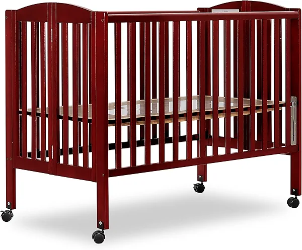 Dream On Me Full-Size 2-in-1 Folding Baby Crib in Cherry GreenGuard Gold & JPMA, Portable, Patented Quick Folding System, Strong Wheels, 2 Adjustable Mattress Heights