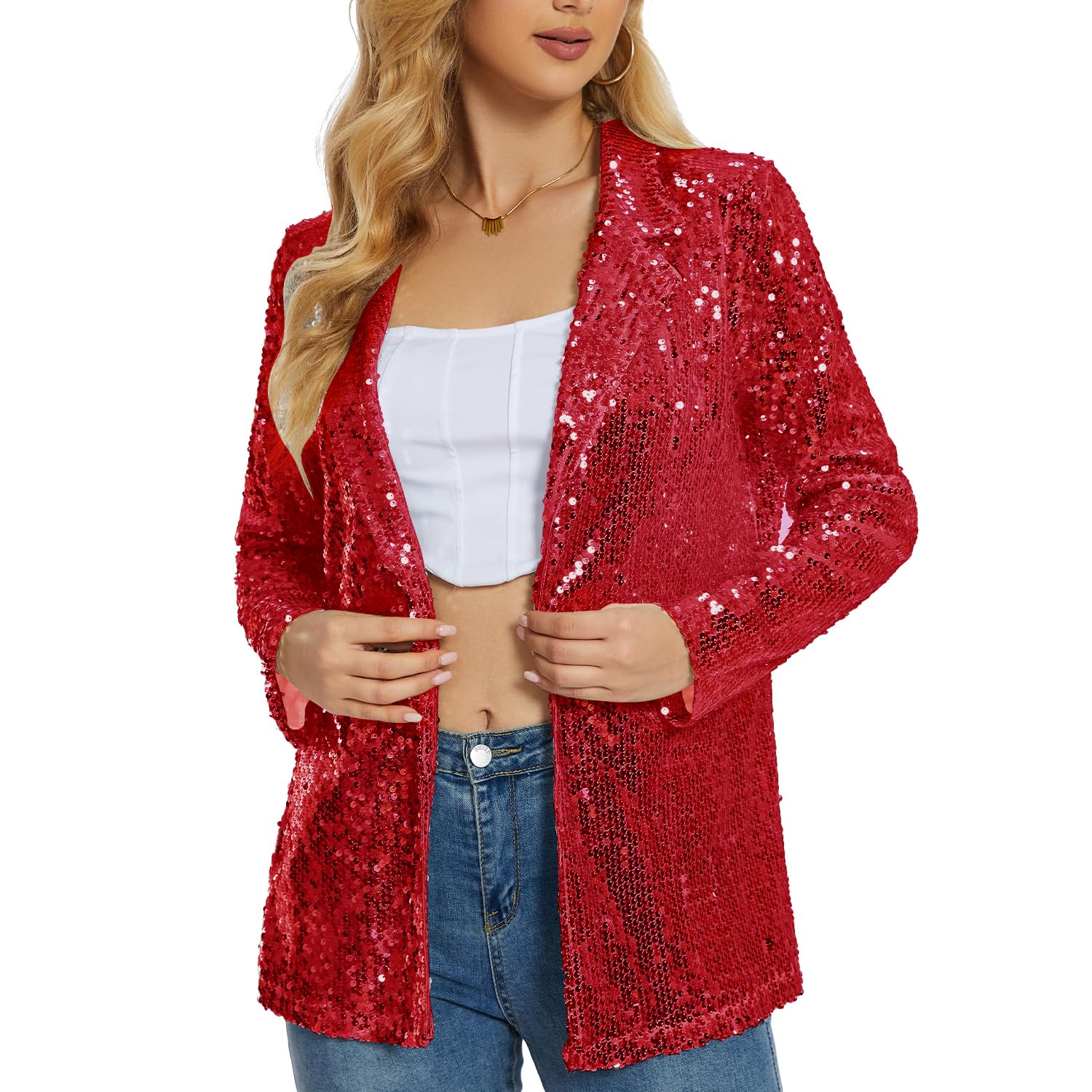 Ypser Womens Sequin Blazer Open Front Sparkle Jacket Glitter Coat for Evening Party