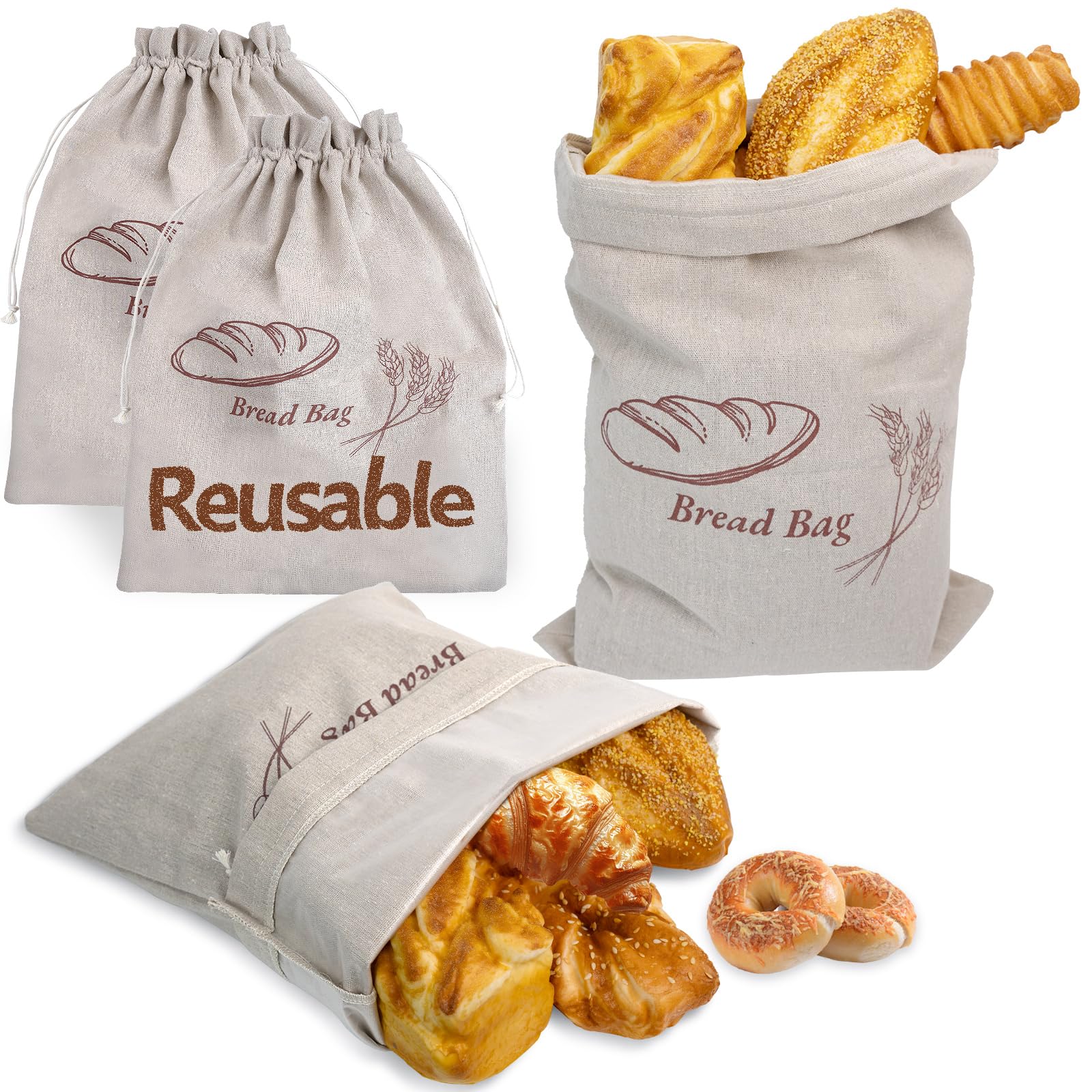 Reusable Linen Bread Bags for Homemade Bread Sourdough with Lnner Lining, Plastic Lined Breads Bag to Keep Fresh,2 Pack 12.8 x17.8 Inch, Cloth Saver Bag For Sourdough, Homemade Storage Plastic Linen