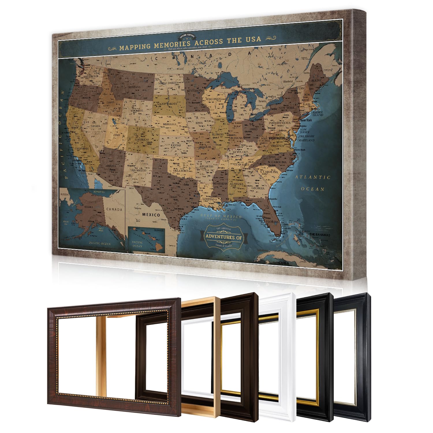 DECORARTS Personalized Push Pin Travel Map USA, Deep Blue Canvas, 40x30''
