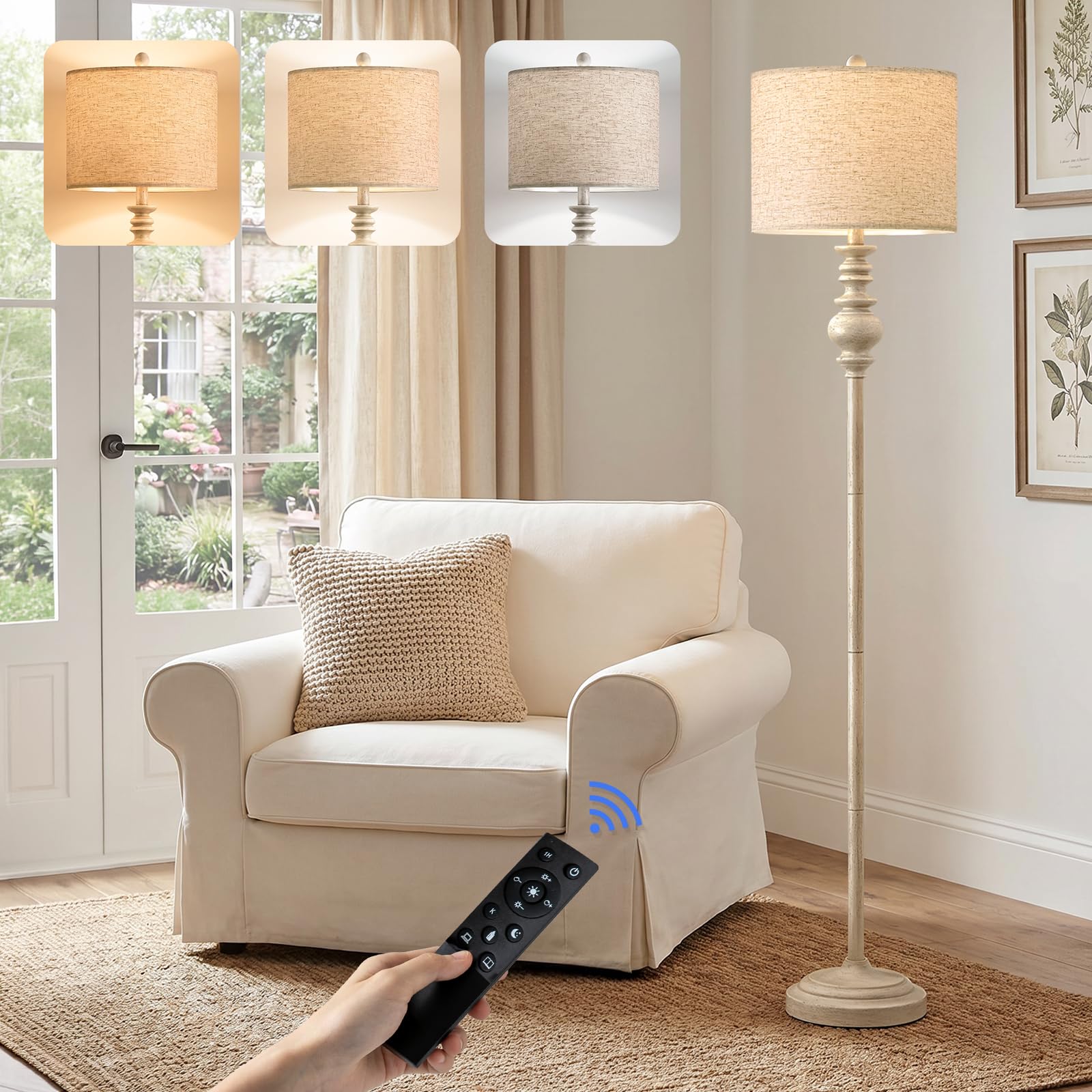 BOBOMOMO 64.25" Farmhouse Floor Lamp with Remote, Dimmable Floor Lamp with Adjustable Color Temperatures, Tall White Standing Floor Lamps for Living Room Corner, Bedroom &amp; Nursery, 9W Bulb Included