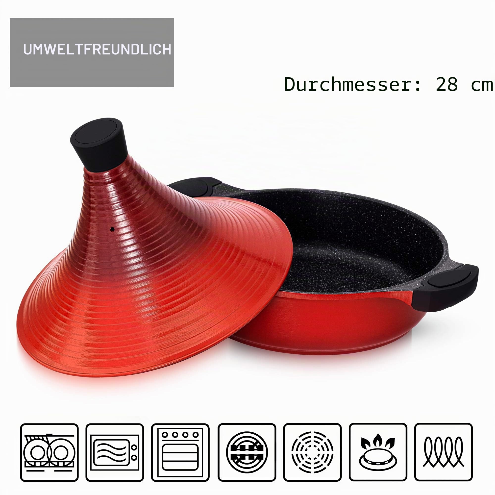 Tajine Topf Induktion 28cm/4,2L – Marokkanischer Tagine Guss-Aluminium – Für alle Herdarten (Induktion, Gas, Ceran) Keramik Antihaft – Kein Rosten, Kein Zerbrechen – Für 4-6 Personen (Rot)