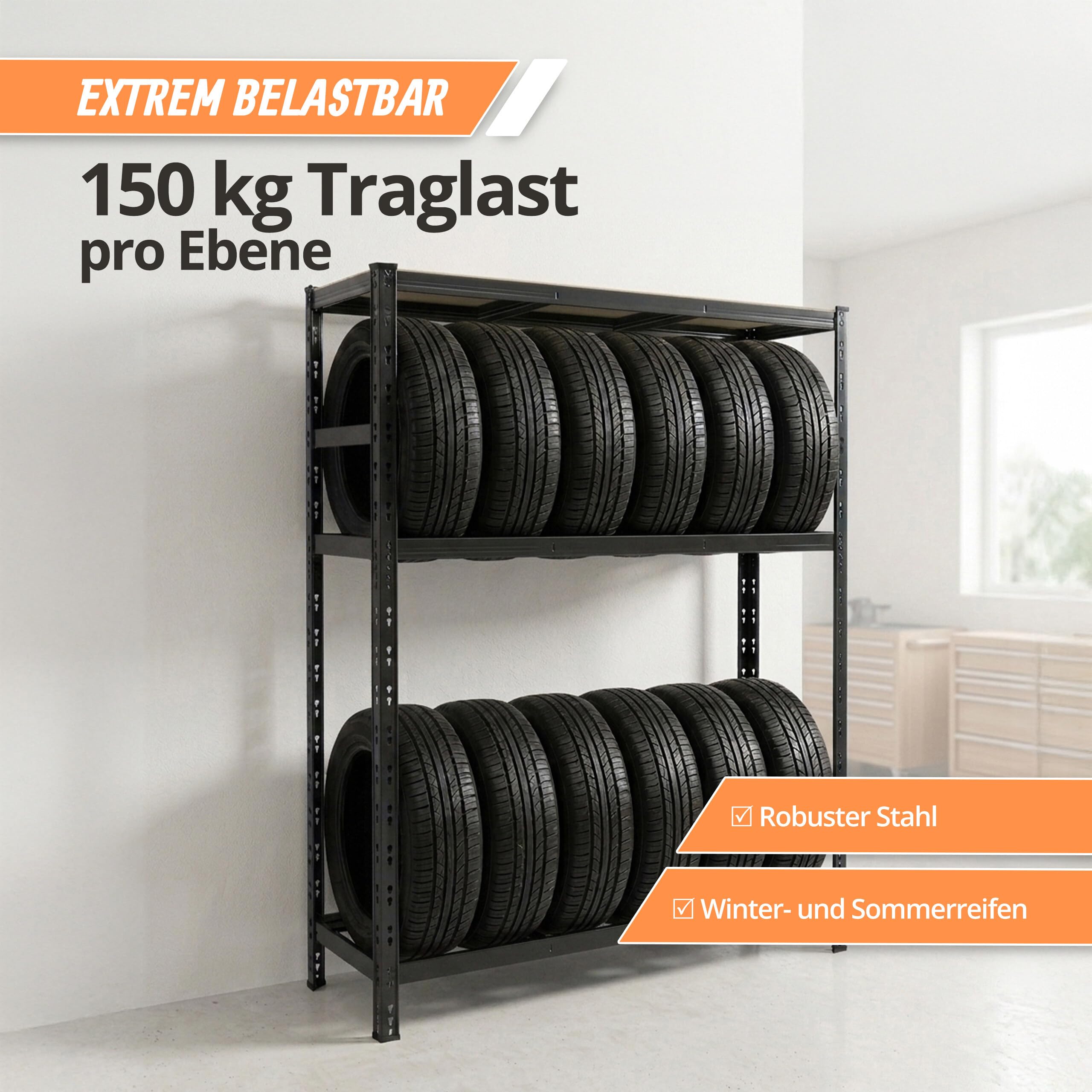 Relaxdays Reifenregal für 12 Reifen, HxBxT 180 x 120 x 40 cm, 450 kg, Stahl, Stecksystem, Reifenlager Werkstatt, schwarz
