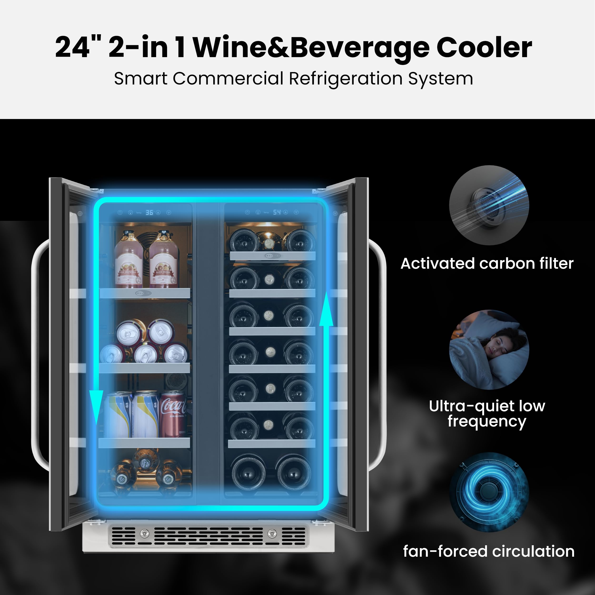 24 inch Wine and Beverage Refrigerator Dual Zone Wine Fridge Cooler Built in Under Counter Wine Cooler Refrigerator with Glass Door for 20 Bottles 60 Cans 36-72 ℉ For Home Bar