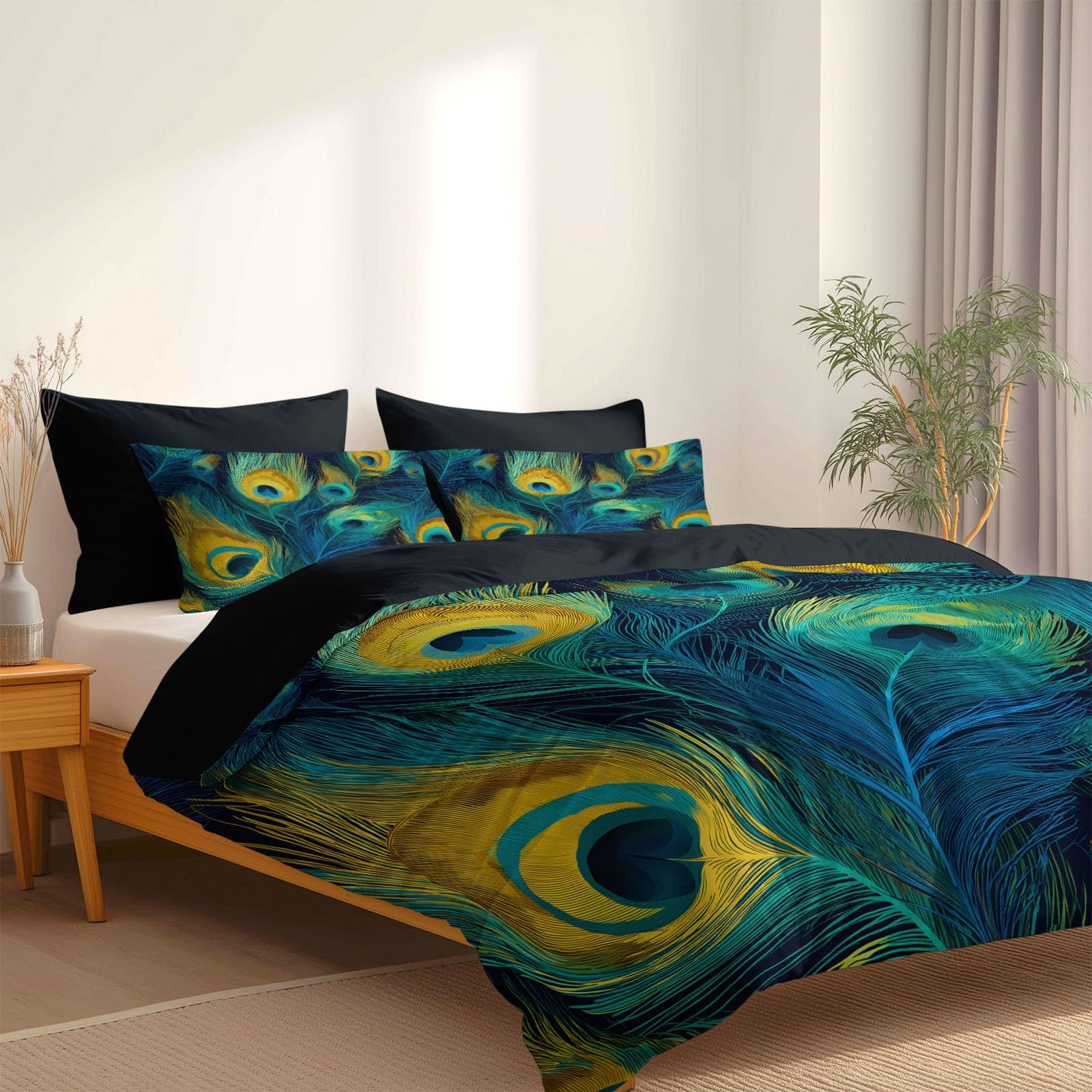 Generisch Klassisches Retro 3-teiliges Bettwäsche-Set, Schwarz 1 Bettbezug 200 x 200 cm und 2 Kissenbezüge 80 x 80 cm, Pfauenfeder TexturWeiche Mikrofaser, Reißverschluss, Ganzjahres