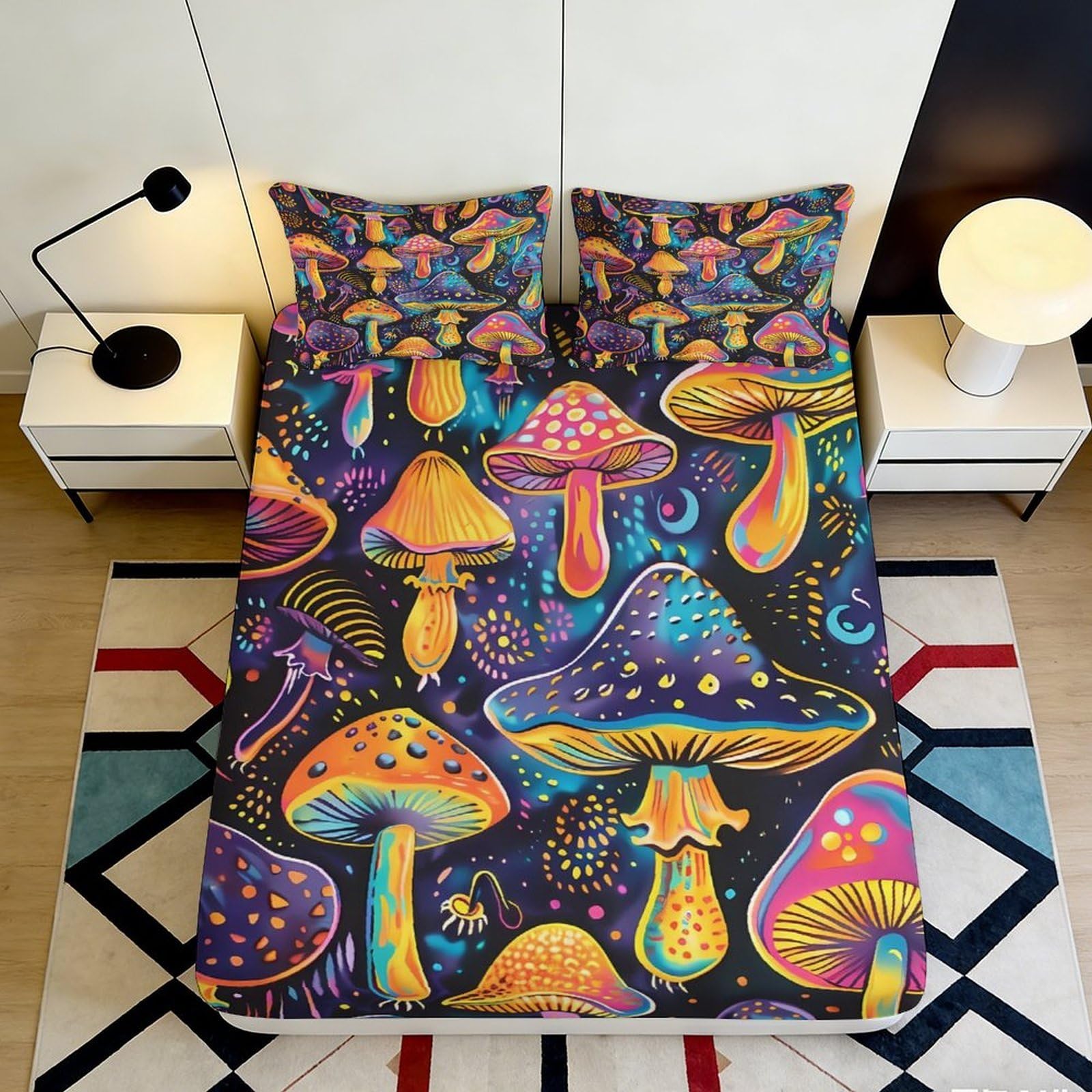 3D Printed Psychedelic Mushroom Fitted Sheet Microfiber Soft Colorful Boho Art Mattress Cover for Bedroom Guest Room Decor 90x200x25cm