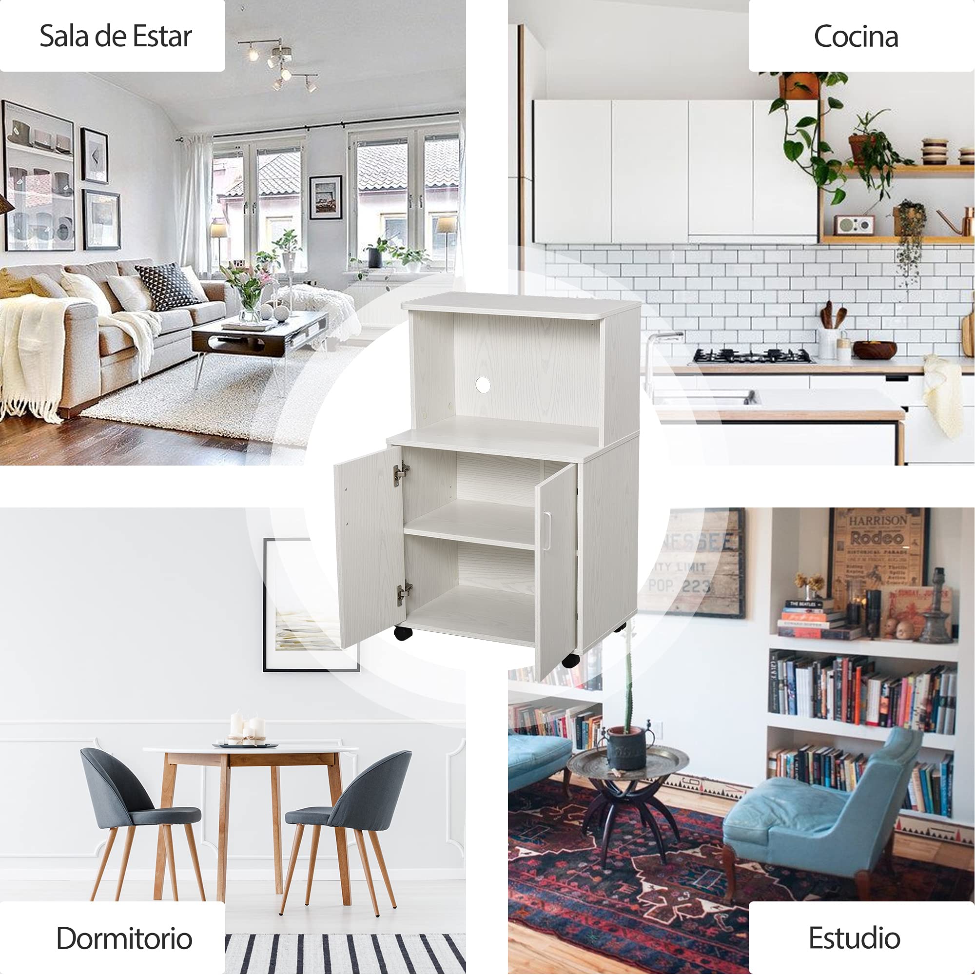 HOMCOM Aparador Auxiliar para Microondas con Ruedas 60,4x40,3x97 cm Blanco | Armario Bajo de Cocina, Armario de 2 Puertas, Estante Ajustable, Carga 70 kg