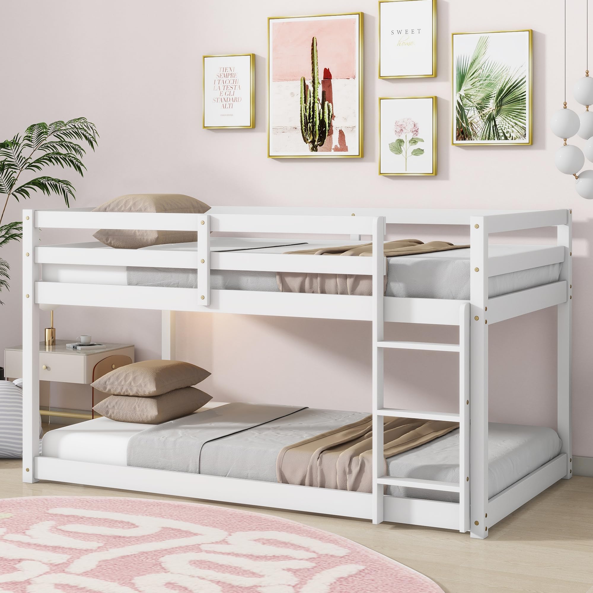 Anwick Low Bunk Bed Twin Over Twin, Floor Bunk Bed with Ladder, Wooden Bunk Beds Twin for Toddler, Boys, Girls,Space-Saving, Easy to Assemble (White)