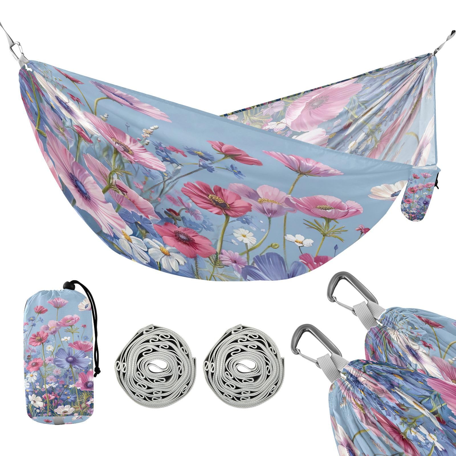 Kigai Colorful Wildflower Camping Hammock Durable & Portable Travel Hammock Holds 330lbs with Tree Strapsm, Pocket, Camping Accessories