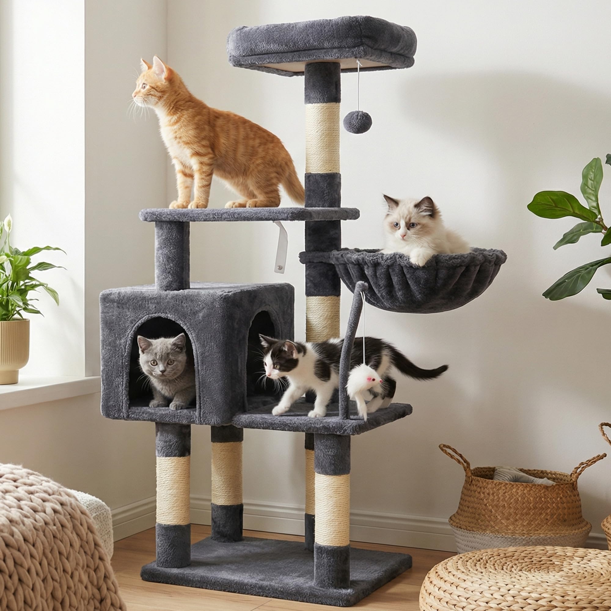 Hey-brother Kratzbaum, 111 cm Katzenbaum mit Spielzeug, Katzenkratzbaum mit Plattform, Hängematte und Sisal-Kratzstämmen
