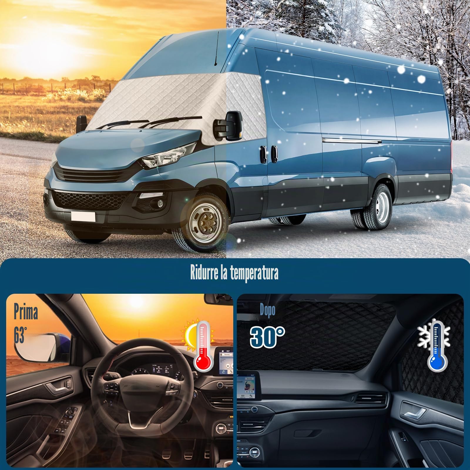 Copertura per Parabrezza Auto compatibile con Iveco Daily 2014-2025, 600D Lusso Parasole per Finestrino Anteriore, 100% Oscurante, Blocca i Raggi UV, Resistente Alle Intemperie