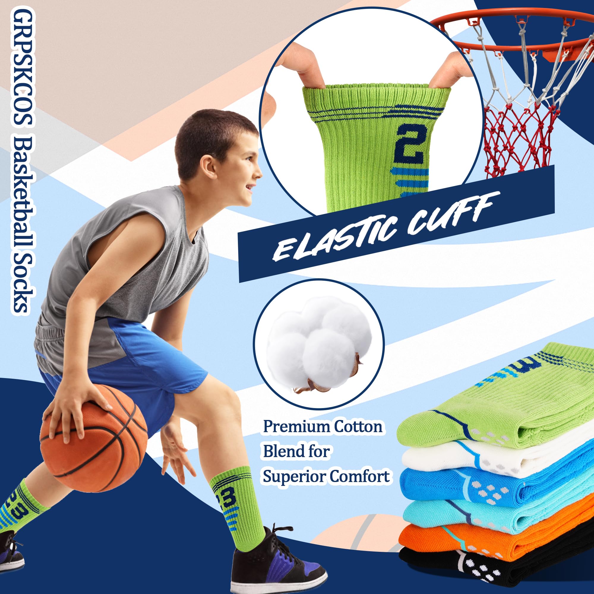 GRPSKCOS Lot de 6 paires de chaussettes de sport en coton pour enfants, chaussettes confortables pour garçons et filles de 5 à 14 ans