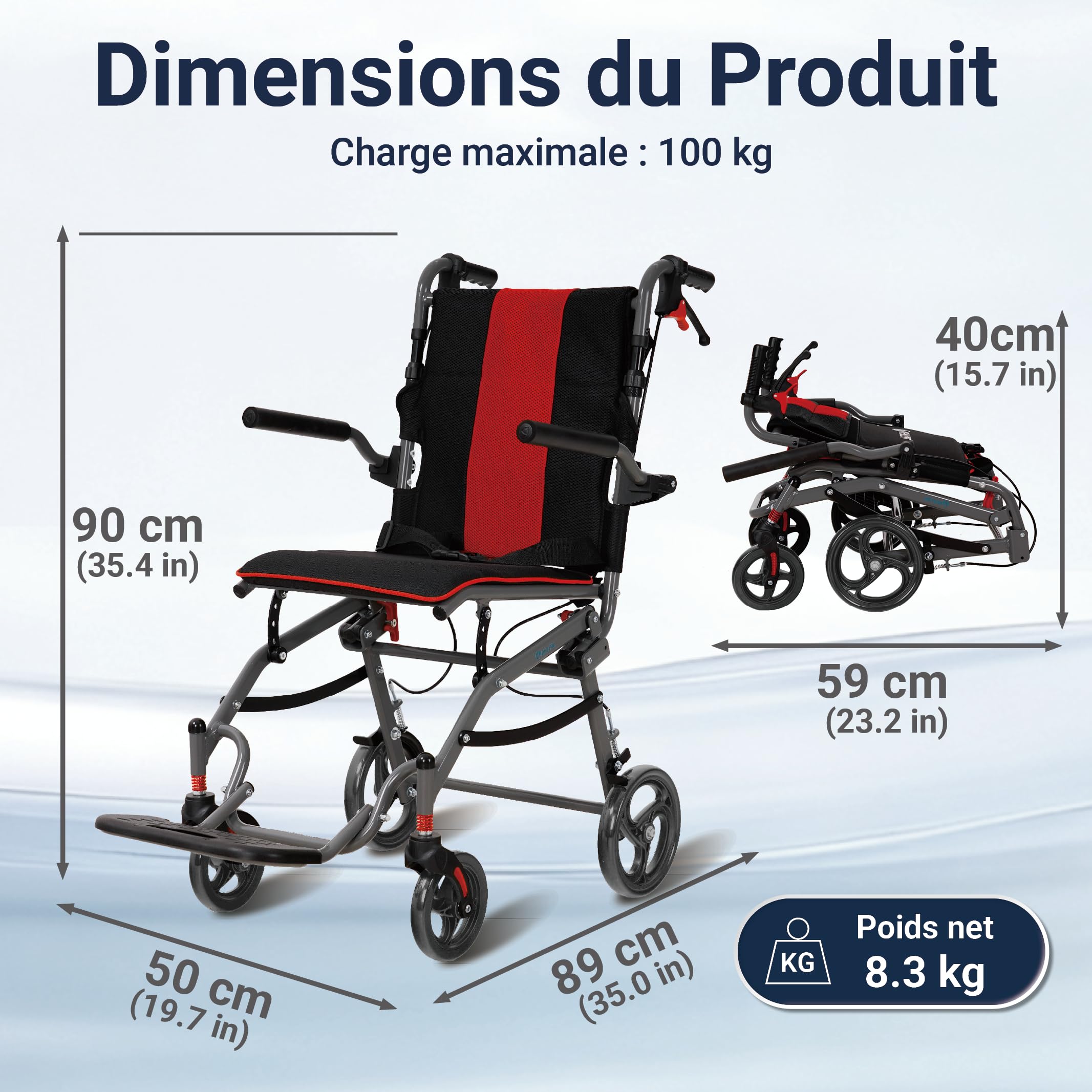 fauteuil roulant ultra-léger, pliable, rampe légère, fauteuil roulant de voyage, ultra-léger, étroit, pliable, en aluminium avec 2 roulettes pivotantes, robuste pour un usage domestique