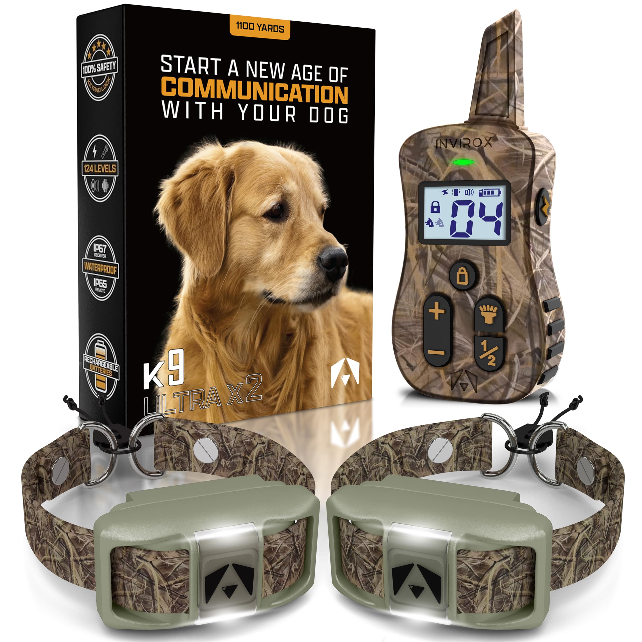 INVIROX Dog Shock Collar [Ultra K9] 124 Training Levels, 4 Powerful Modes with Night-Light and ¾ Mile Range 100% Safe Dog Training Collar for Large Dogs IP67 Waterproof (X2 Camouflage)