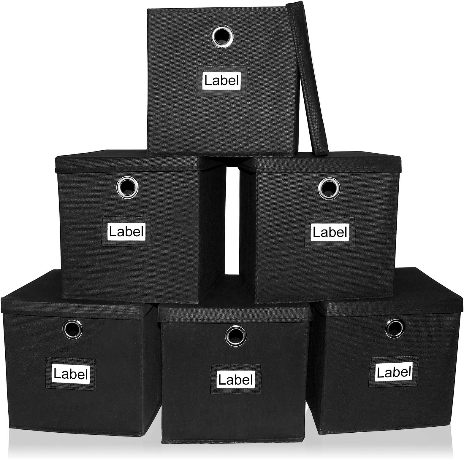 Pezin & Hulin 6 Pack Foldable Storage Cubes with Lid and Metal Eyelet Handle, Fabric Storage Bins 11 x 11 x 11 Inches, Collapsible Basket Box Container, Cloth Organiser for Shelves, Closet, Black