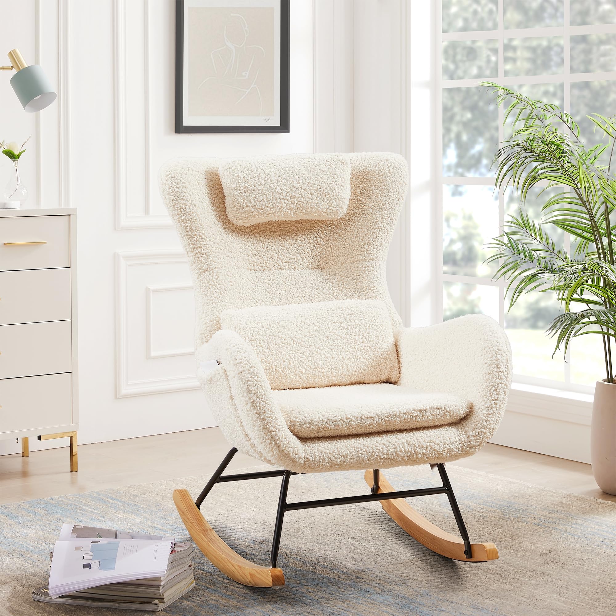 NEWPEAS 26.77" W Small Rocking Chair Nursery,Beige Teddy Upholstered Nursery Glider Chair with Padded Seat, High Backrest, Pocket&Pillow