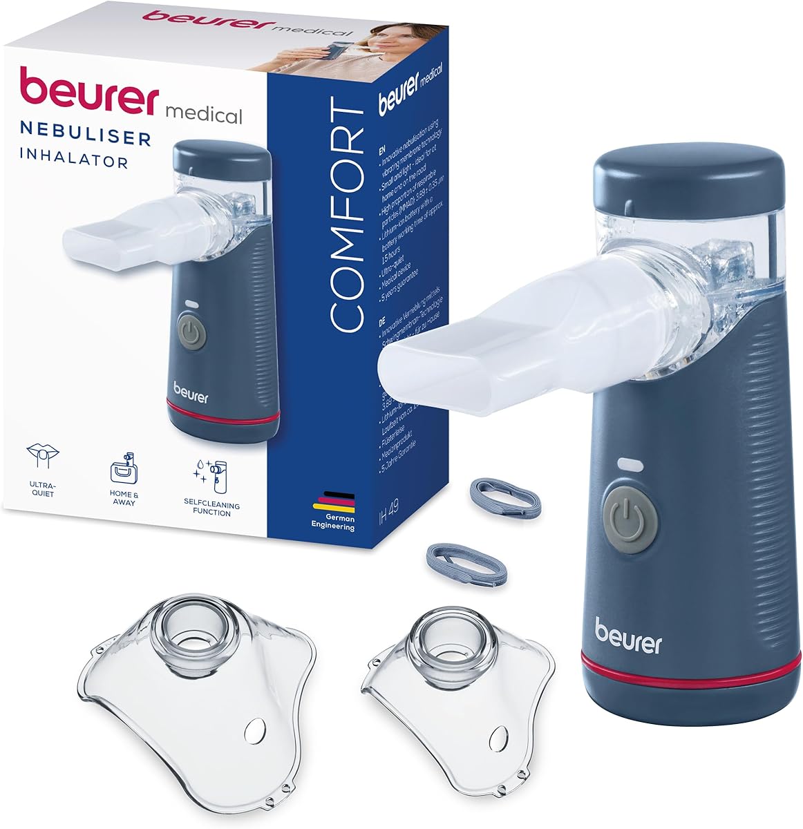 Beurer IH 49 Inhalator, tragbares Inhalationsgerät für Kinder und Erwachsene, bei Erkältung, Asthma und anderen Atemwegserkrankungen, wiederaufladbarer Akku, besonders leise