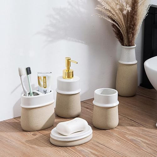 Miniatura 4 de Dispensador de jabón de cerámica beige para cocina, dispensador de mano recargable con bomba de acero inoxidable a prueba de óxido, dispensador de