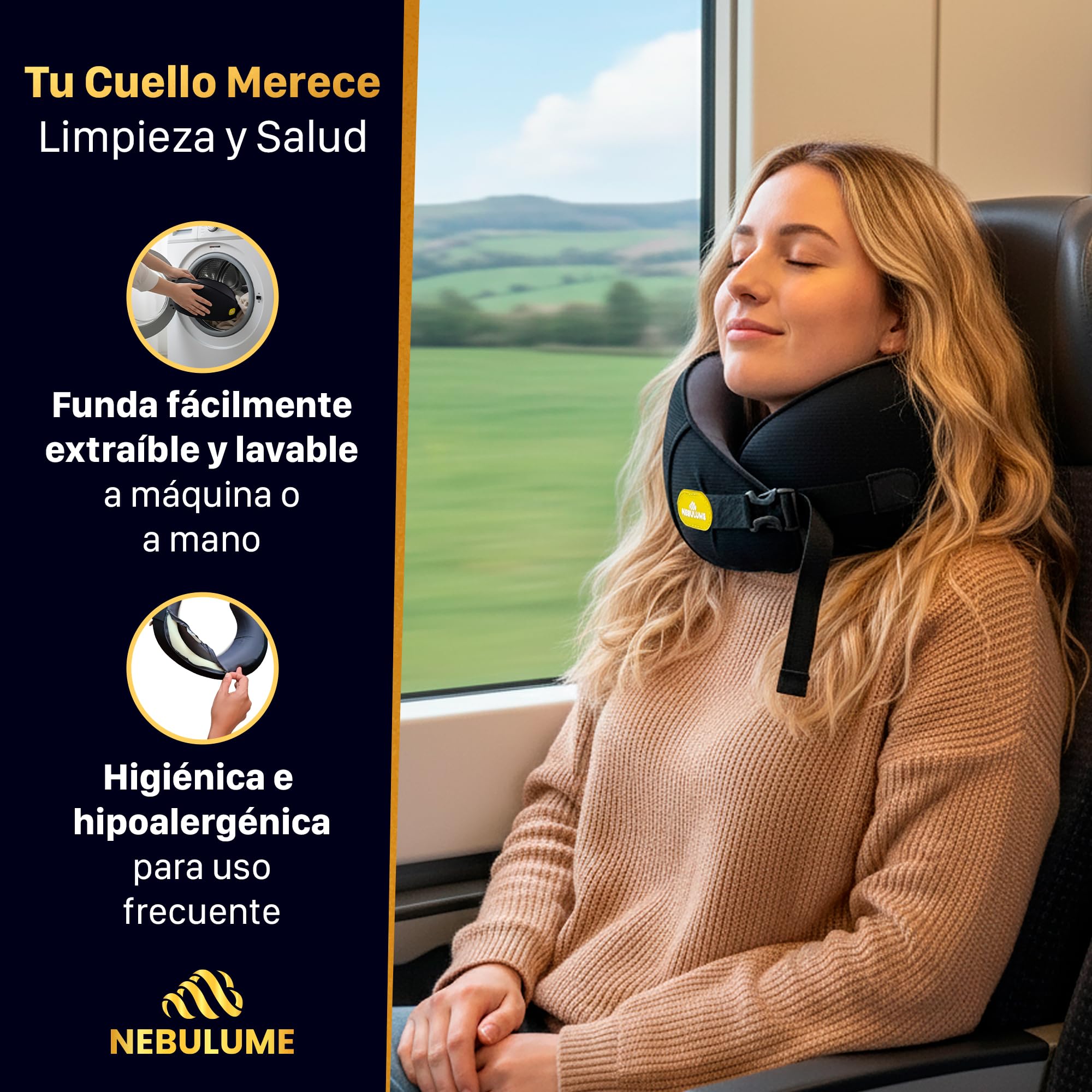 Almohada Viaje Premium - Almohada De Viaje para Cuello de Seda Helada y Soporte 360º - Cojin Avion Cuello con Hebilla Ajustable - Cojin Cervical con Funda Lavable Fácil - Travel Pillow