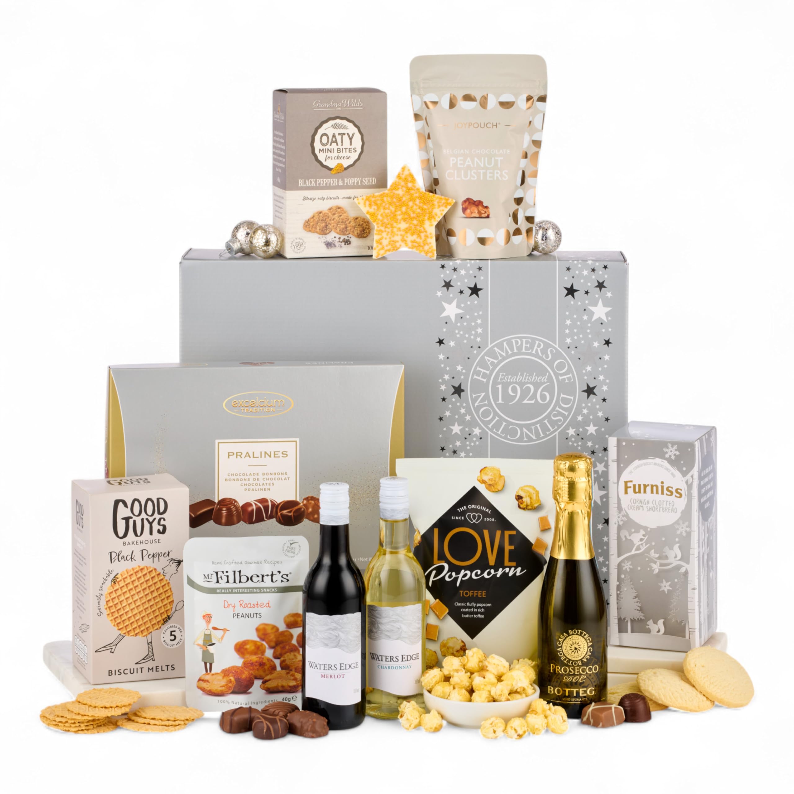 Thornton & France Silver Indulgence Christmas Hamper | With Prosecco White Wine & Red Wine | Plus A Range Of Sweet & Savoury Treats | Hamper Gift For Sharing | 10 Luxury Items